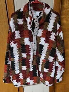 Ariat Multicolor Geometric Sherpa Cardigan in Rust, Brown, Black & White